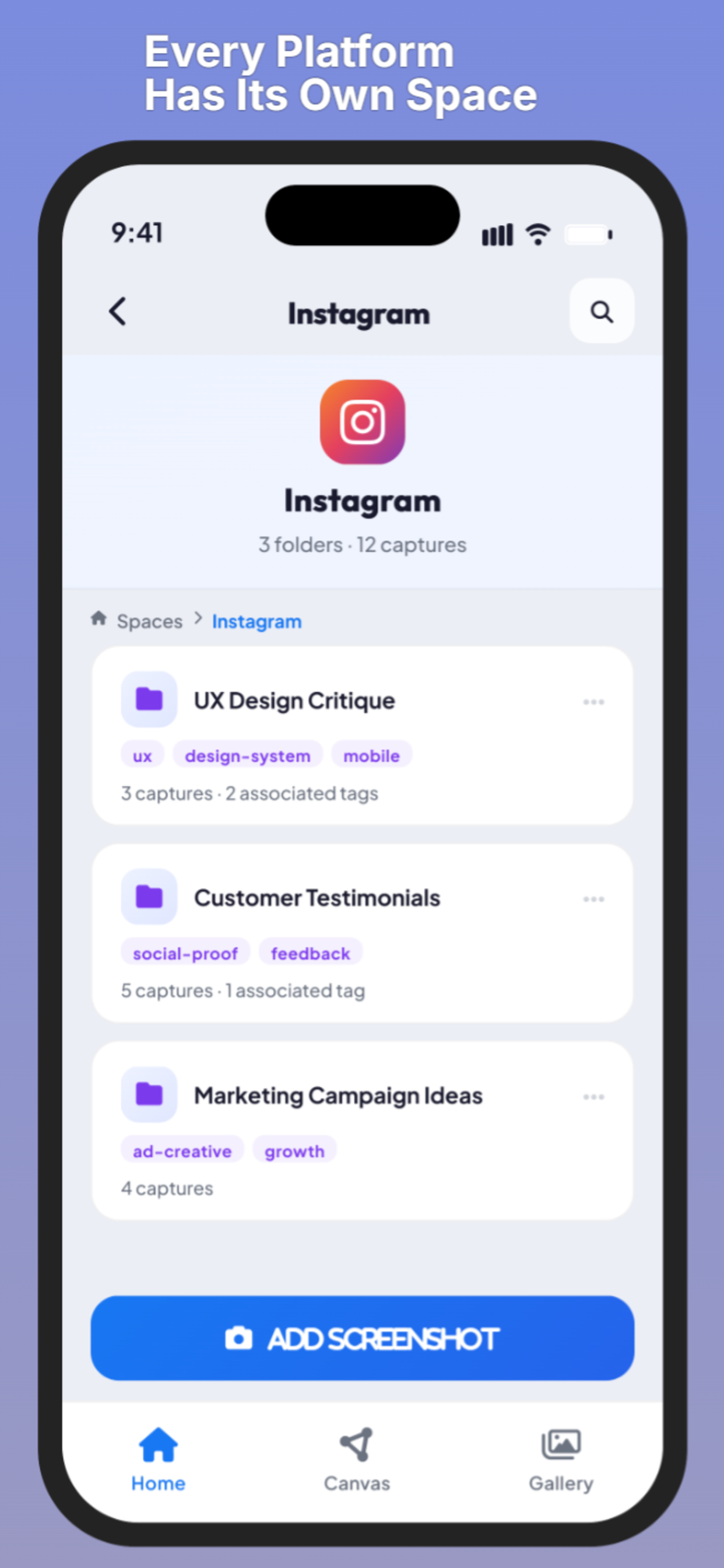 Social Spaces — organize screenshots by platform